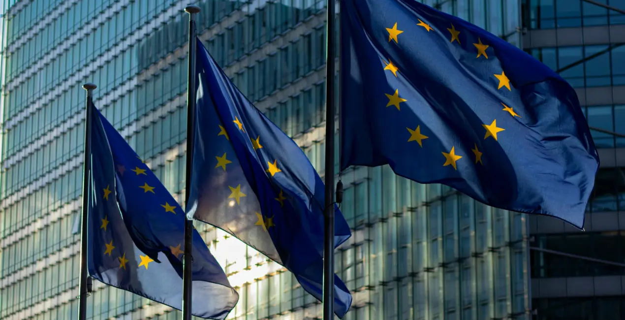 Europese vlaggen wapperend in de wind